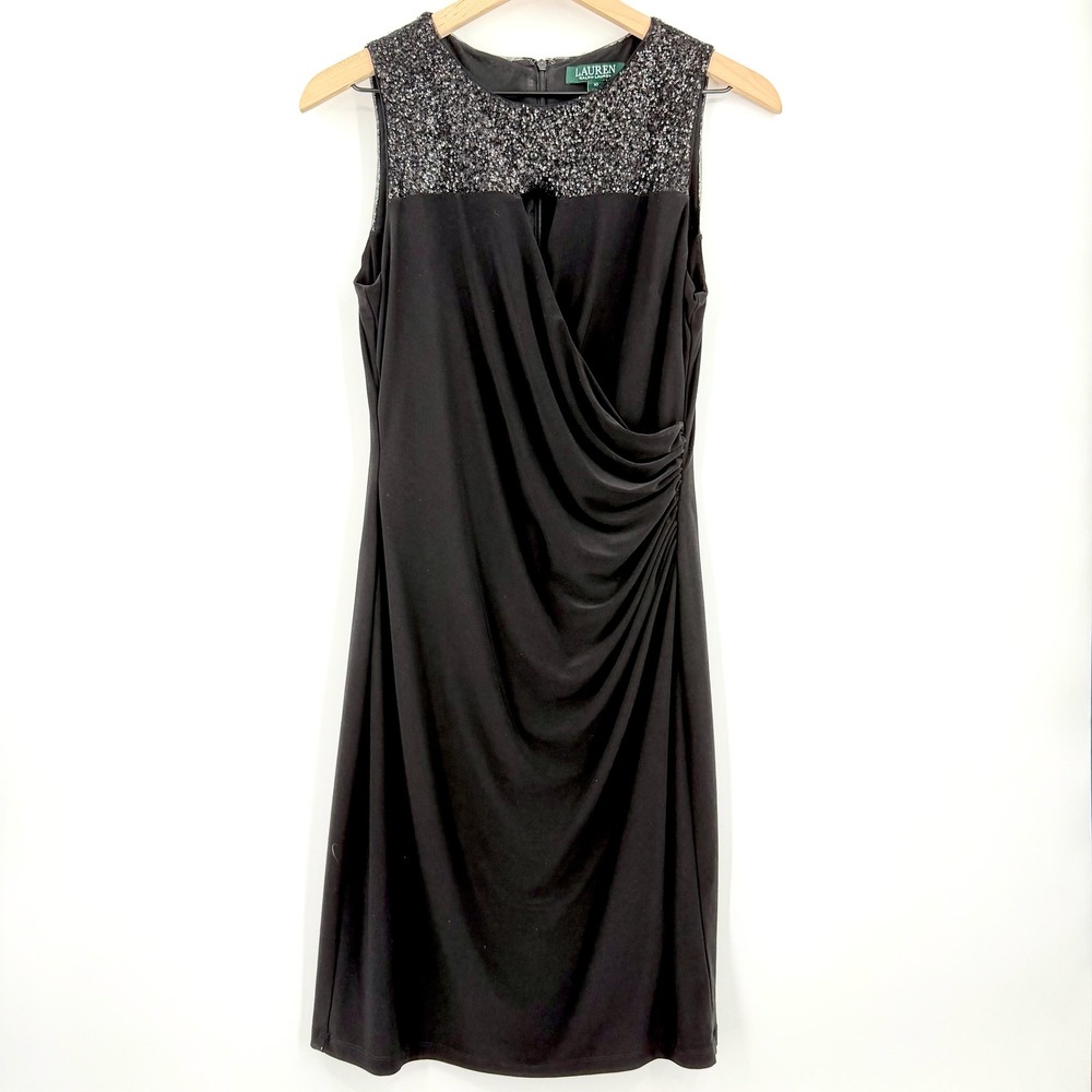 Lauren Ralph Lauren Dress Womens 10 Black Excellent Sequin Ruched Cocktail LBD